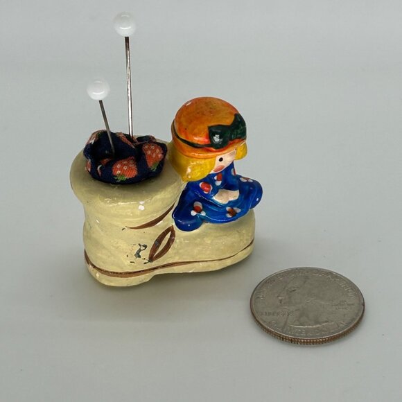 Vintage Miniature Pin Cushion Tiny Girl & Boot Figurine Pin Cushion Japan 1950s - Picture 1 of 10